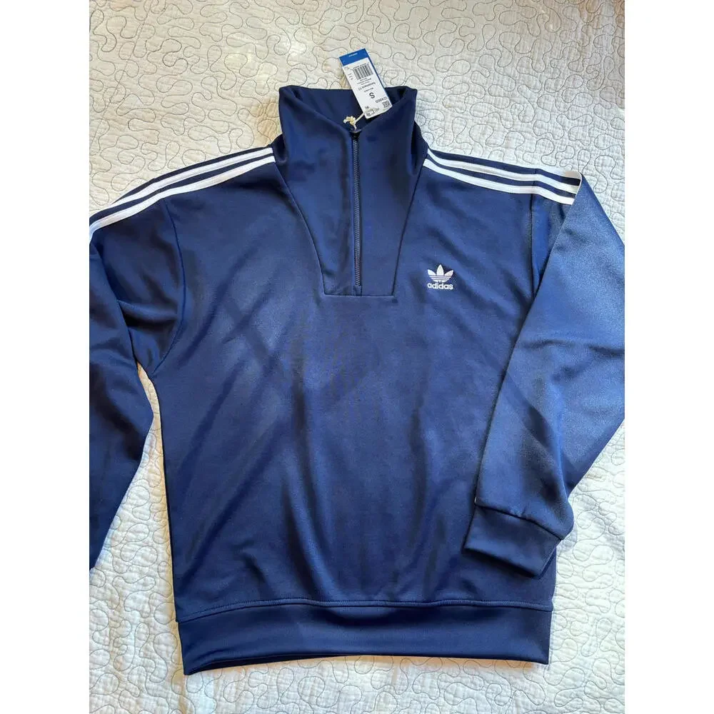 Adidas Men's Navy Blue Quarter-Zip Sweatshirt with White Stripes Small